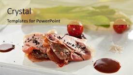  Presentation with pork bacon - Colorful PPT theme enhanced with bacon wrapped pork medallions with mashed potato and green asparagus backdrop and a yellow colored foreground