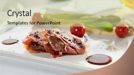  Presentation with pork bacon - Audience pleasing slide deck consisting of bacon wrapped pork medallions with mashed potato and green asparagus backdrop and a mint green colored foreground