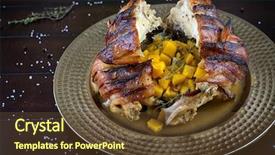  Presentation with roasted chicken - Beautiful presentation theme featuring bacon wrapped roasted chicken stuffed with butternut squash and herbs backdrop and a tawny brown colored foreground