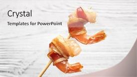  Presentation with wooden cross against the sky - Presentation theme with bacon-wrapped shrimps on skewer background and a light gray colored foreground