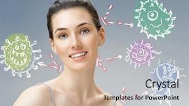  Presentation with beauty - Colorful presentation design enhanced with bacteria - beauty woman on the blue backdrop and a soft green colored foreground