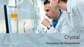  Presentation with laboratory - Beautiful presentation theme featuring bacteria - group of scientists working backdrop and a light blue colored foreground