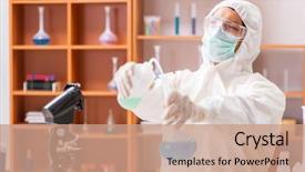  Presentation with young - Audience pleasing theme consisting of bacteria - young biochemist wearing protective suit backdrop and a coral colored foreground