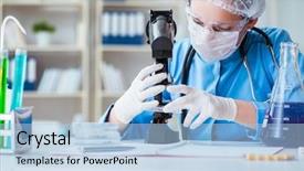  Presentation with animal testing scientist doing experiment - Cool new PPT theme with bacteria dna - female scientist researcher doing experiments backdrop and a light blue colored foreground