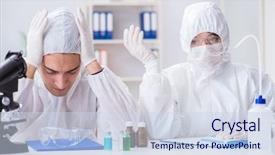  Presentation with dna bacteria - Audience pleasing presentation theme consisting of bacteria dna - two scientists working backdrop and a sky blue colored foreground