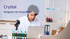  Presentation with lab - Presentation theme featuring bacteria dna - young chemist working background and a sky blue colored foreground