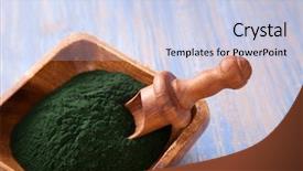  Presentation with spirulina - Presentation theme featuring nutrition bacteria - ground spirulina on wood background background and a lemonade colored foreground