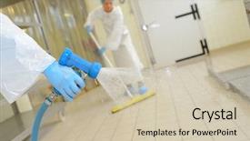  Presentation with factory workers - PPT theme consisting of bacteria water - workers cleaning down factory floor background and a soft green colored foreground