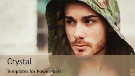  Presentation with street smart entrepreneur - Amazing PPT theme having bad boy - hooded guy with camouflage jacket backdrop and a coral colored foreground