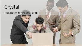  Presentation with laptop - Theme having bad business - four businessmen looking shocked background and a  colored foreground