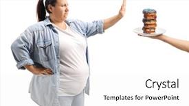  Presentation with eat - PPT layouts with bad choice - overweight woman refusing to eat background and a white colored foreground