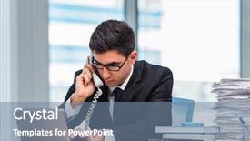  Presentation with phone - Presentation enhanced with bad client - young businessman talking background and a  colored foreground