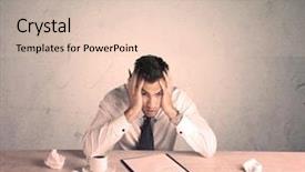  Presentation with front desk - PPT layouts with young office worker sitting at desk working with keyboard papers highliter in front of empty clear background wall concept background and a lemonade colored foreground