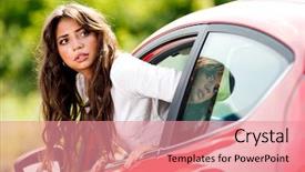  Presentation with reflection looking back to go forward - Slides with young pretty woman looking at back of car background and a coral colored foreground