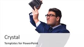  Presentation with poster on white wall above - Audience pleasing slide set consisting of bad debt - bankrupt broke businessman with empty backdrop and a white colored foreground