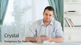  Presentation with credit card - Amazing slide deck having bad debt - sad young businessman has backdrop and a light gray colored foreground