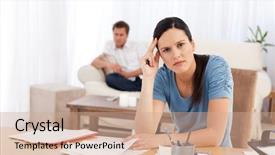  Presentation with waiting room - Amazing PPT theme having bad debt - worried woman doing her account backdrop and a coral colored foreground