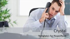  Presentation with young man on the phone - Slide set enhanced with bad employee - troubled young businessman background and a  colored foreground