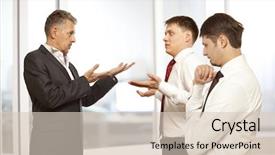  Presentation with conflict - Presentation theme featuring bad fellow - business conflict concept three businessman background and a  colored foreground