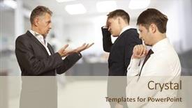  Presentation with conflict - Colorful presentation enhanced with bad fellow - business conflict concept three businessman backdrop and a soft green colored foreground