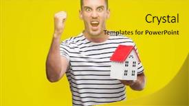  Presentation with real estate growth - Cool new theme with bad investment - handsome real estate agent holding backdrop and a gold colored foreground