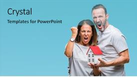  Presentation with buying a house - Colorful PPT theme enhanced with bad investment - middle age hispanic casual couple backdrop and a light blue colored foreground