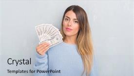  Presentation with grey - PPT layouts featuring bad investment - young adult woman over grey background and a  colored foreground