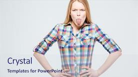  Presentation with tongue - Slides having bad joke - young woman showing tongue isolated background and a  colored foreground