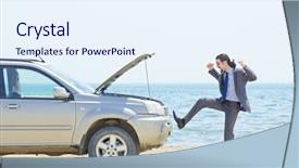  Presentation with cheap car - Amazing slide deck having bad luck - man with car on seaside backdrop and a sky blue colored foreground