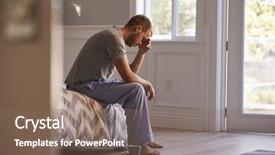  Presentation with man head in hands - Amazing slide deck having bad news - man wearing pajamas sitting backdrop and a  colored foreground