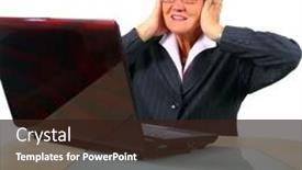  Presentation with bad news - Colorful presentation theme enhanced with bad news from the markets a businesswoman in her sixties in front of a laptop shocked with her hands on her head isolated over white backdrop and a wine colored foreground