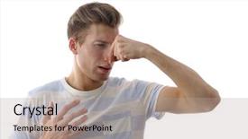  Presentation with blooding of nose - PPT theme consisting of bad situation - young blonde man pinching his background and a light gray colored foreground