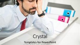  Presentation with kitten computer - Theme having bad times - stressed businessman looking at his background and a light gray colored foreground