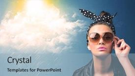  Presentation with person looking out in nature - Slide set enhanced with bad weather - young person looking with sunglasses background and a light blue colored foreground