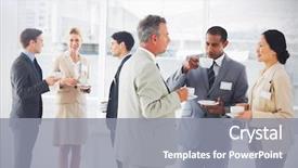  Presentation with conference - Amazing PPT theme having badge - business people chatting and drinking backdrop and a gray colored foreground