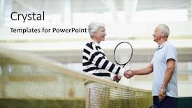  Presentation with tennis - Presentation with badminton courts - two mature active tennis players background and a light gray colored foreground