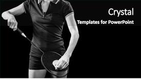  Presentation with badminton - Beautiful presentation theme featuring badminton player holding a racquet ready to serve on black background backdrop and a black colored foreground