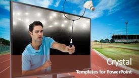  Presentation with badminton - Presentation with badminton player playing badminton against american football arena background and a tawny brown colored foreground