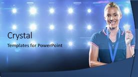  Presentation with gold medal - PPT layouts with badminton player posing with gold medal around her neck against composite image of blue spotlight background and a light blue colored foreground
