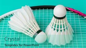  Presentation with badminton - Amazing slide set having badminton-shuttlecocks-and-racket backdrop and a teal colored foreground