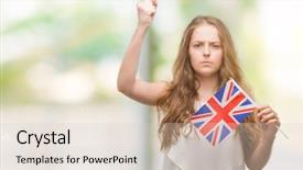  Presentation with flag - Audience pleasing theme consisting of baduk - young blonde woman holding flag backdrop and a lemonade colored foreground