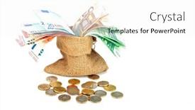  Presentation with money notes - Colorful presentation design enhanced with bag full of euro money notes and coins on a white background backdrop and a white colored foreground