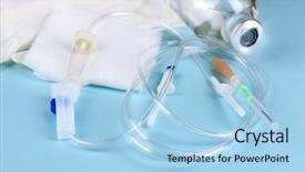  Presentation with infusion - Audience pleasing PPT theme consisting of bag iv fluid - disposable infusion set on blue backdrop and a light blue colored foreground