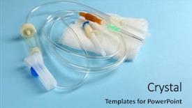  Presentation with infusion - Slide set enhanced with bag iv fluid - disposable infusion set on blue background and a light blue colored foreground