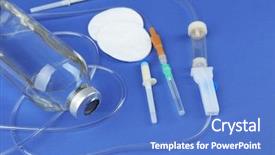  Presentation with infusion - Slide set with bag iv fluid - disposable infusion set on blue background and a teal colored foreground