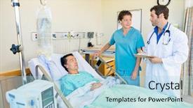  Presentation with hospital bed - Audience pleasing slide set consisting of bag iv fluid - doctor and nurse looking backdrop and a light blue colored foreground