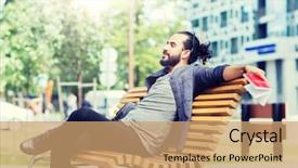  Presentation with poetry creativity concept - Presentation design enhanced with bag sitting on city background and a coral colored foreground