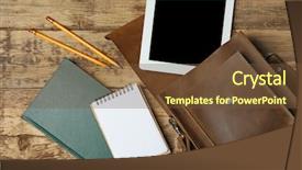  Presentation with leather bag - Theme consisting of bag tablet computer and stationery background and a tawny brown colored foreground