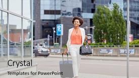  Presentation with tourism business - Amazing presentation theme having bag walking down city street backdrop and a light gray colored foreground