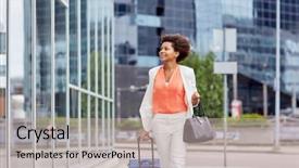  Presentation with tourism business - Amazing PPT theme having bag walking down city street backdrop and a  colored foreground